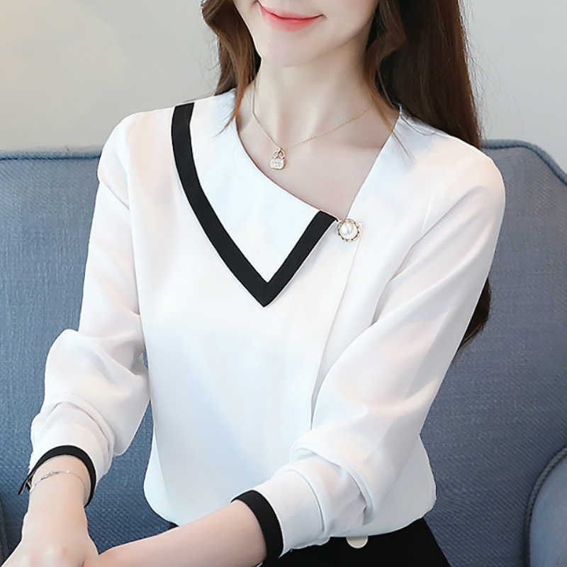 

Womens Tops And Blouses Fashion V-neck White Blouse Long Sleeve Blouse Women Chiffon Blouse Shirt Women Tops Clothes Blusas C691 210602, Yellow