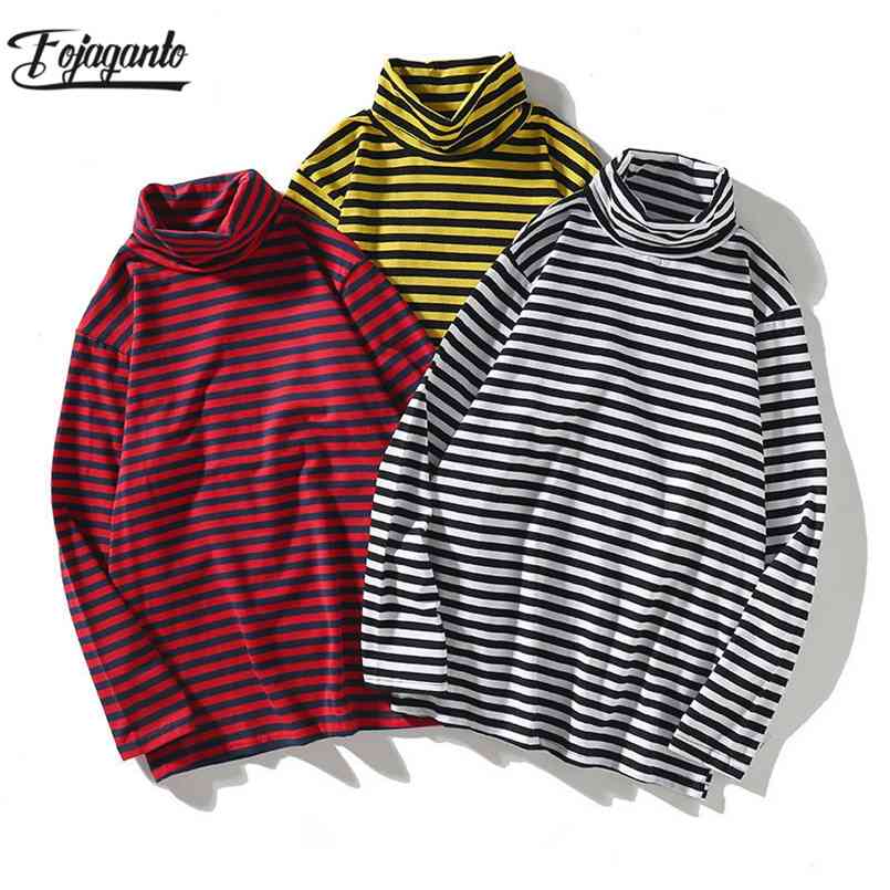 

FOJAGANTO Brand Men Striped T-Shirt Trendy Comfortable Turtleneck Tee Shirt Casual Long Sleeve T Shirts Male 210707, White
