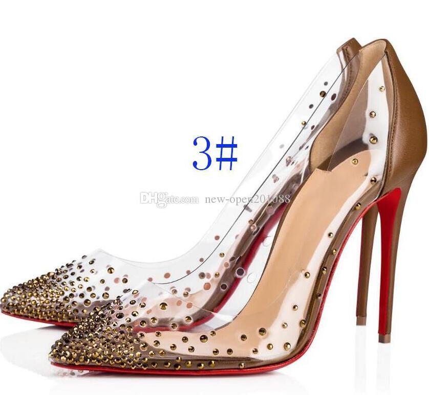 

2021 Designers Women Shoes Sandals Red Bottom Stiletto High Heels Flat PVC Pointed Toe Spikes Leather Ankle Strap 8cm 10cm 12cm, 4#