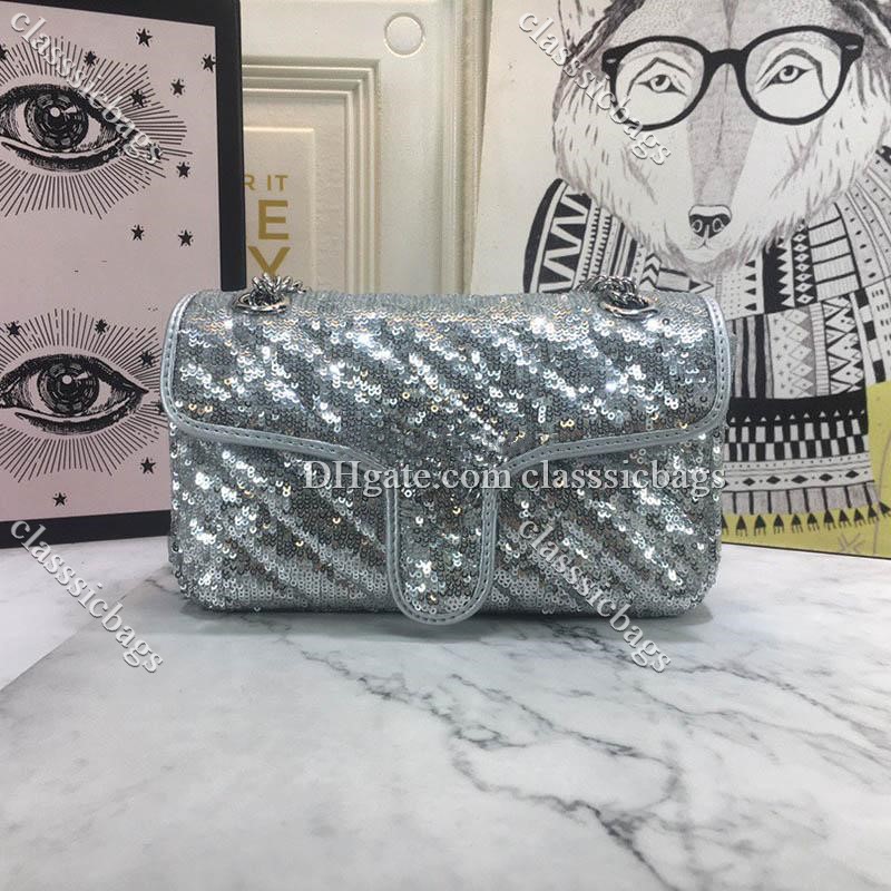 

Famous Bag Designers Fashion News Handbags Latest Marmont Mini Sequin Shoulder Women Bags Black Silver Gold Green Color Size 22*13*6 cm