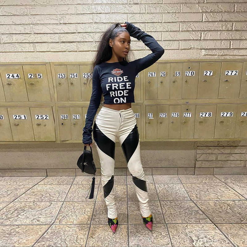 

PU Leather Streetwear Fashion Women High Waist Straight Long Pants Casual Contrast Color Front Zipper Trousers Spring 210604, White