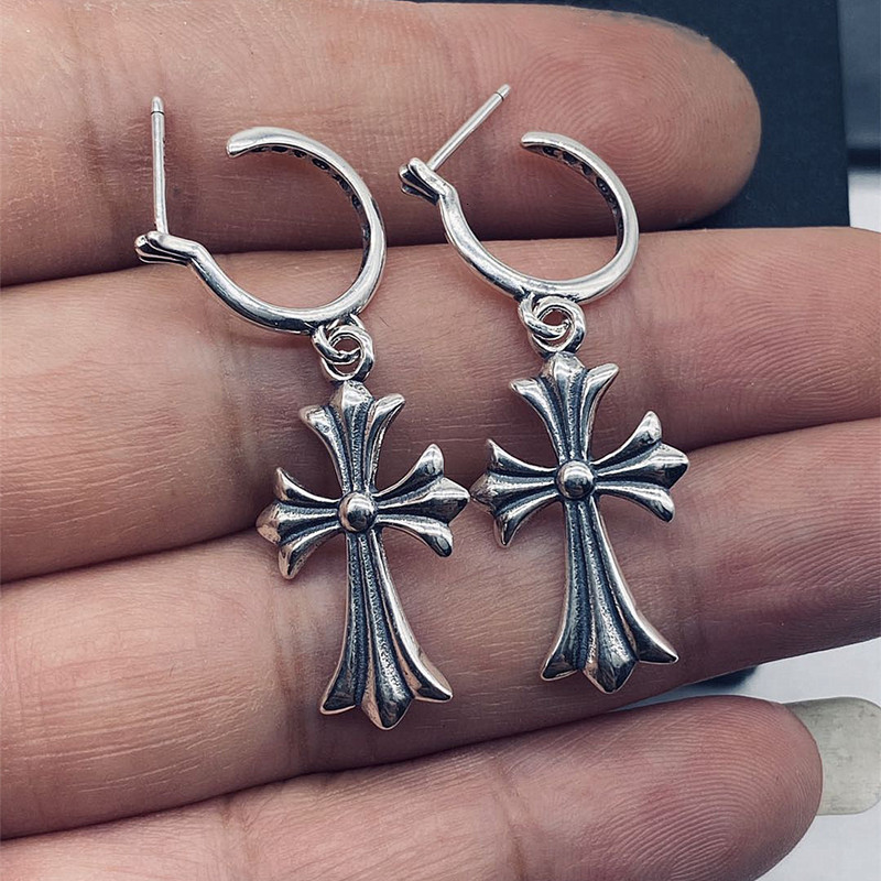 

studs earrings croquet for men and women 925 silver half round cross earnails, Golden;silver