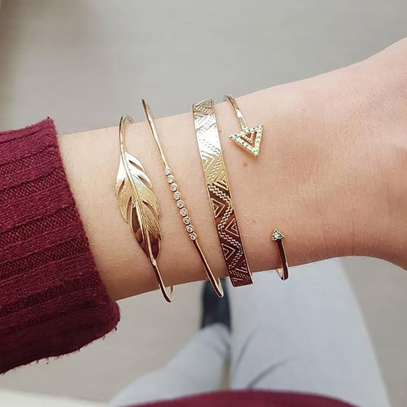 

Bangle 4Pcs/Set Geometric Gold Color Bracelet Women Elegant Simple Arrow Bangles Retro Shiny Zircon Leaves Luxury Jewelry Party Gift