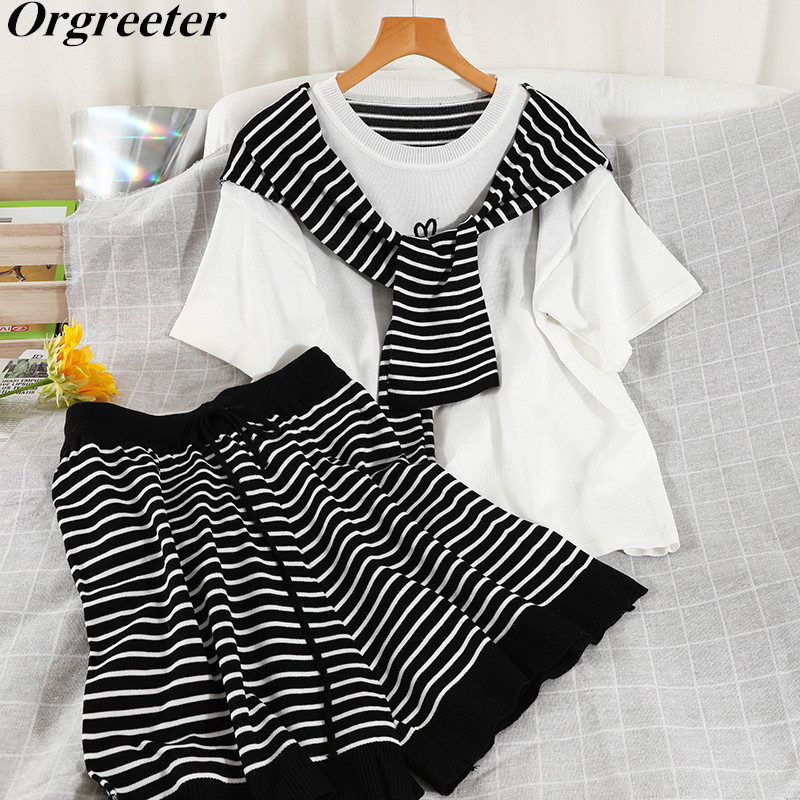 

Casual Knitted Tracksuits Women Summer Sailor collar Striped Shawl Fake two Pullover Tops and wide leg Shorts Sports Suits 210525, Navy blue