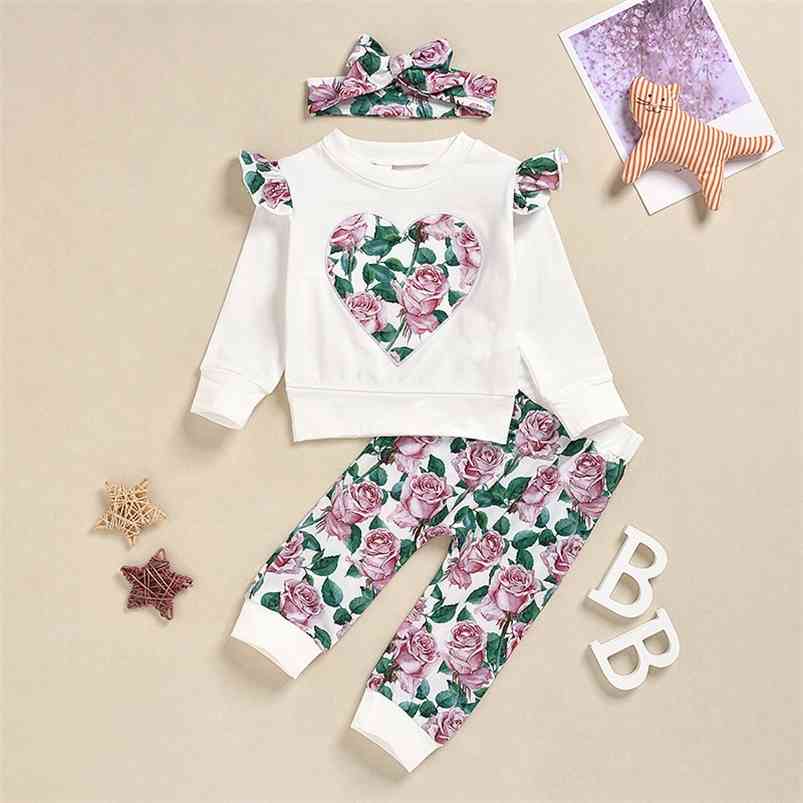 

Summer Children Sets Casual Long Sleeve Print T-shirt Patchwork Floral Trousers 2Pcs Girls Clothes 0-2T 210629, White