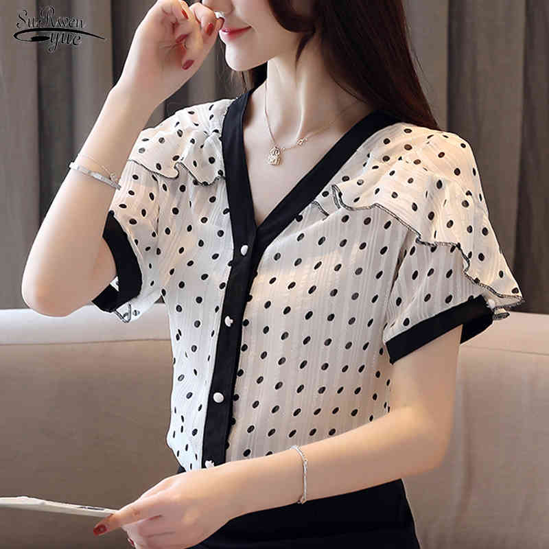Tops d'été à manchette en V V V et mousseline de mousseline de mousseline de style coréen Shirts pour femmes Blusas Mujer 8978 50 210508