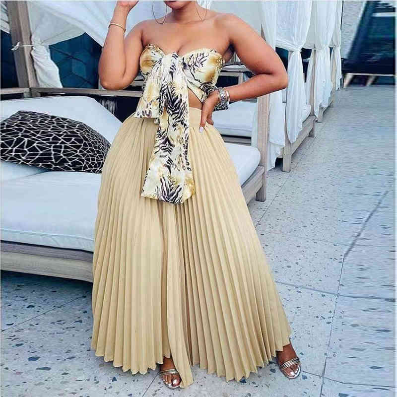 

Summer Fashion Women Two Piece Set Tube Top and Long Pleated Long Skirt Set 2 Piece Set 210521, Khaki