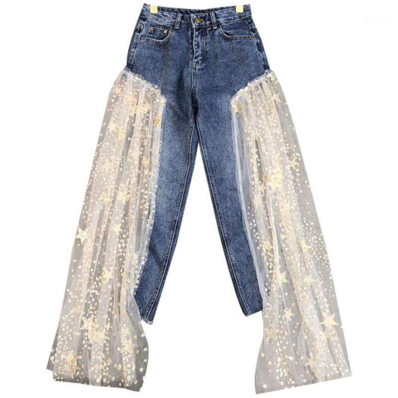 

Women's Jeans 2021 Spring Aummer Fashion Women Side Opening Stitching Stars Mesh Sequins Heavy Industry Wide Leg, Blue