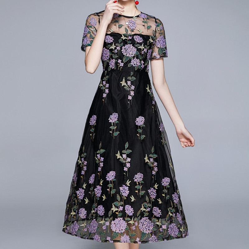 

ZAWFL Spring Woman Dress Mesh Embroidery High Waist Elegant Party Mexi Dresses Female Lace Vestidos 210525, Picture color