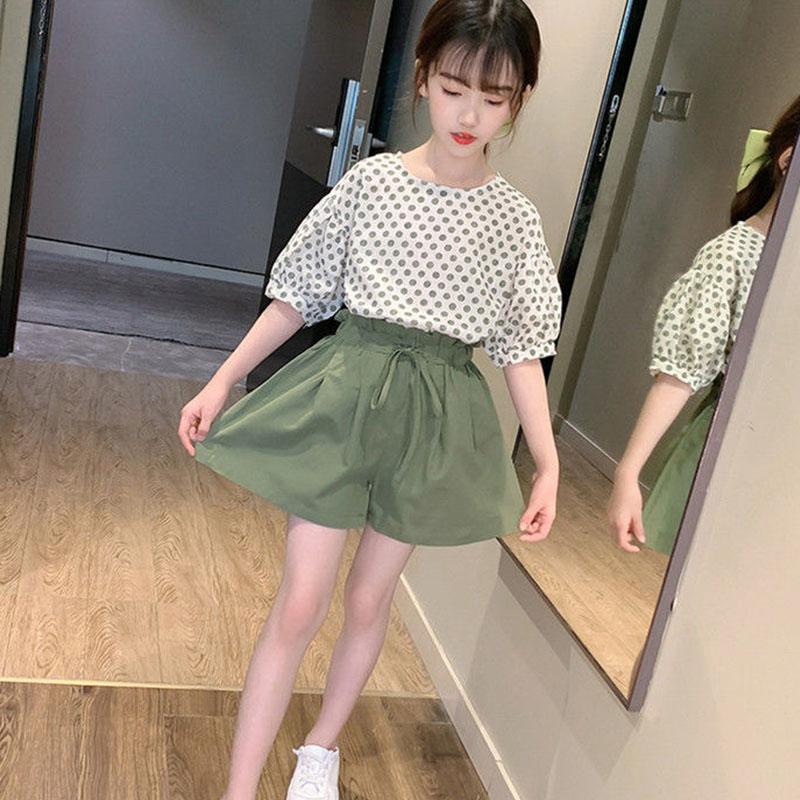

Clothing Sets Baby Girl Outfits Teens Girls Summer Fashion Kids Polka Dots T-Shirts And Solid Color Shorts Two Piece Suits, Am0180 green