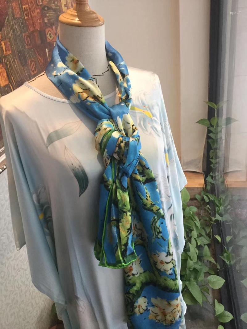 

Scarves Brand Oil Painting Wroks Large Long Silk Scarf Women Shawls Pashmina 200x90cm Kiss Wraps, Blue;gray