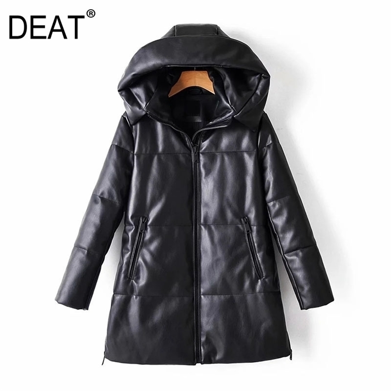 

[DEAT] Loose Fit Leather Brief Warm Woolen Coat Parkas Hooded Long Sleeve Women Fashion Autumn Winter 13U081 211108, Black