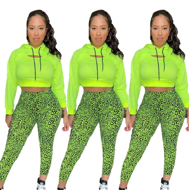 

Women' Two Piece Pants Cutubly Three 3 Set Vest Top Sets With Long Sleeve Hooded Short Sweatshirt Covers Up Women Outfits Green Clothing, Fluorescent green
