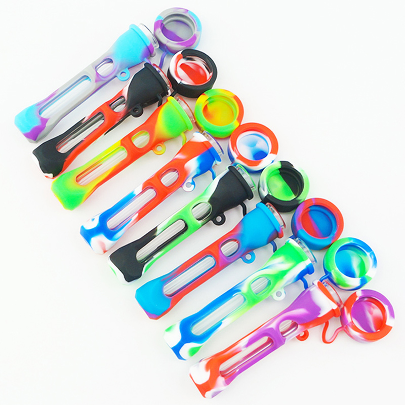 

Sample Silicone Bong Water Pipe Oil Rig With Cap Bowl Portable Glass Smoke Hand Pipes MOQ 1 Piece