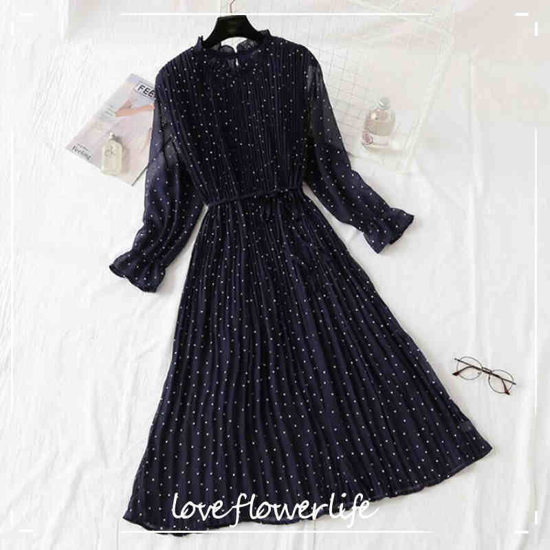 

Polka Dot Print Dress Women Spring Autumn Long Sleeve Vintage Floral Pleated Chiffon Long Dress Casual Plus size Dress 210521, Dark green
