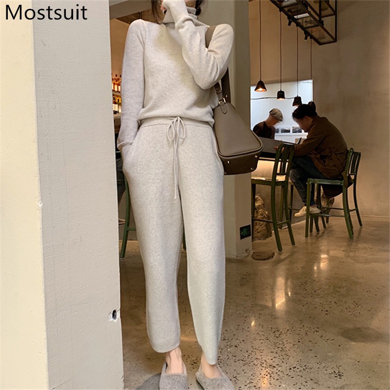 

Fashion Knitted Two Piece Set Outfits Women Turtleneck Sweater + Pants Suits Solid Korean Female Ladies 2 Pcs Sets 210518, Black