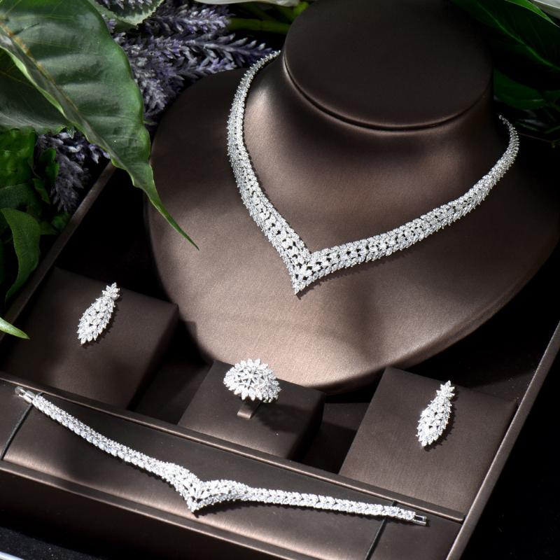 

Earrings & Necklace HIBRIDE Vintage Geometric White Gold Color Cubic Zirconia Jewelry Sets For Women Wedding Bridal Accessories N-1080, Silver