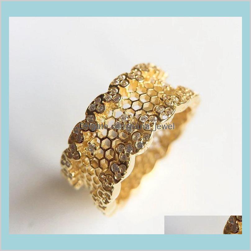 

18K Yellow Gold Plated Wedding Ring Sets Original Box For Pandora 925 Sterling Silver Honeycomb Lace Ring Women Girls Gift Ring Dkav8 Bnxh9
