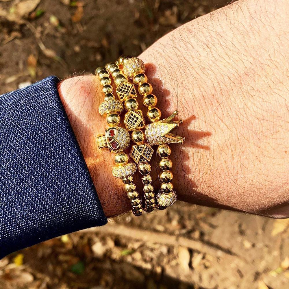 

Luxury Royal Copper Crown Skull Men Bracelet Jewelery Bead Bracelets 3pcs/set For Women Beads Pulseras Hombre Bileklik Erkek, Black