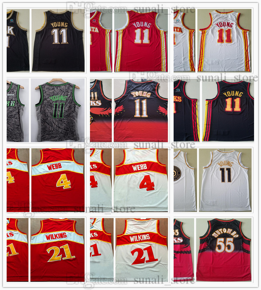 

Stitched Men Trae 11 Young Jerseys Basketball Spud 4 Webb Dikembe 55 Mutombo City Black Red White Sports Shirts