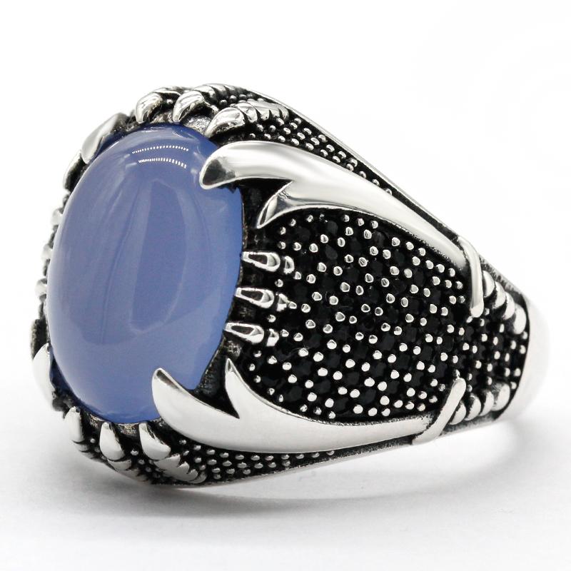 

Cluster Rings Islamic Men Ring With Natural Agate Sterling Silver 925 Purple Stone Zulfiqar Sword Male Black Zircon Turkish Jewelry Gift