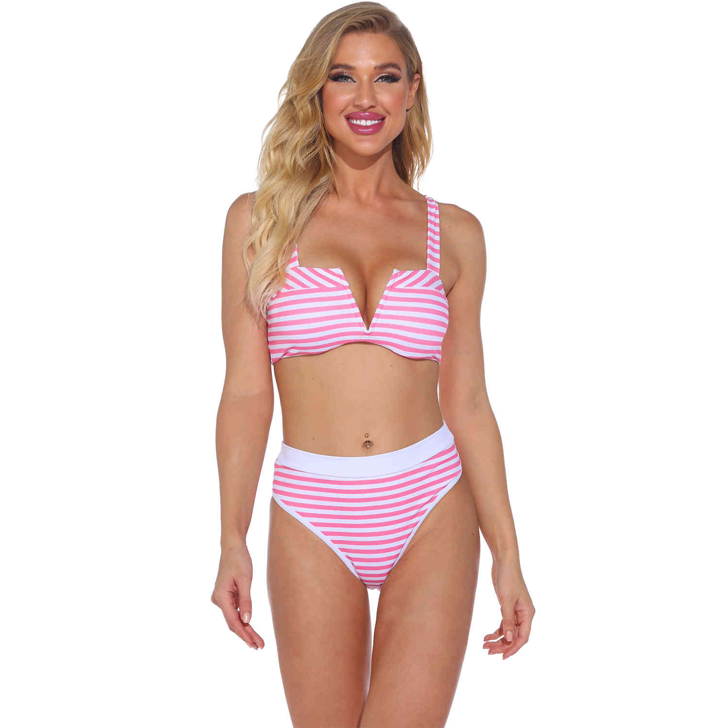 

Sexy Push Up Bikini Two Piece Swimsuit Women Striped High Waist Set Plus Size Brazilian Swimwear Bathing Suit Pink 210520