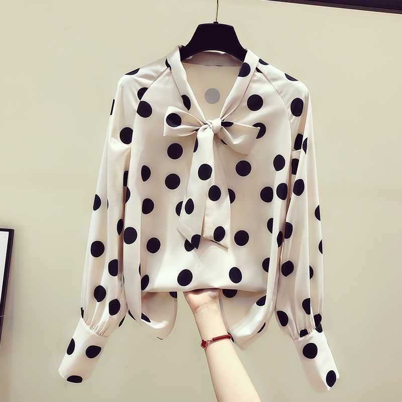 

Ladies Polka Dot Pattern Spring Chiffon Blouse Female Chic Shirt Korean Style Simple Casual V-neck Long Sleeve Tops and Blouses 210601, Champagne