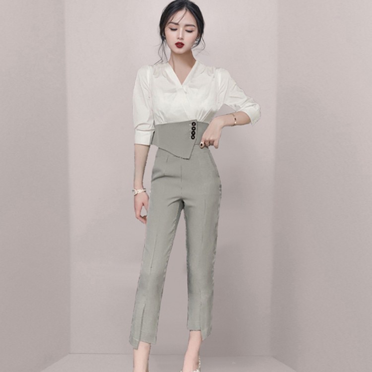 

High Quality Spring Women 2 Piece Set Elegant Office Lady Outfits Hit Color Blouse and OL Plaid Pants Fashion Sets 210518, Photo color