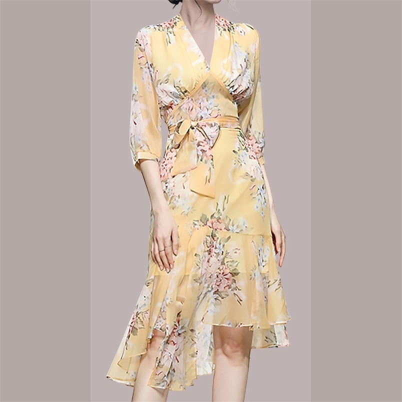 

Runway Summer Two Piece Set Elegant Women Yellow Floral-Print Lace-Up Chiffon Top + High Waist Irregular Skirts Outfits 210519