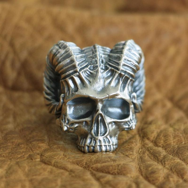 

Sterling Silver Horned Demon Skull Ring Mens Biker Punk TA114 US Size 7~15 Cluster Rings