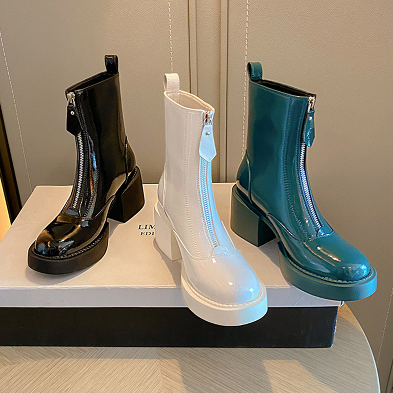 

boots classic front cow leather zipper patent ankle boots thick platform shoes high heels feminine riding winter h1ad, Black