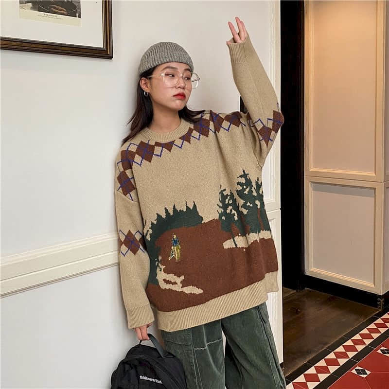 

men's sweaters long-sleeve female sweater with round collar, spring, korean version, loose students, retro pattern, slim sweater, 8nuw, White;black