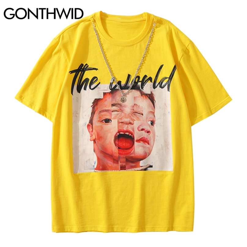 

Tees Shirts Streetwear Creative Print Tshirts with Chain Hip Hop Casual Cotton Short Sleeve T-Shirts Fashion Loose Tops 210602, Yellow