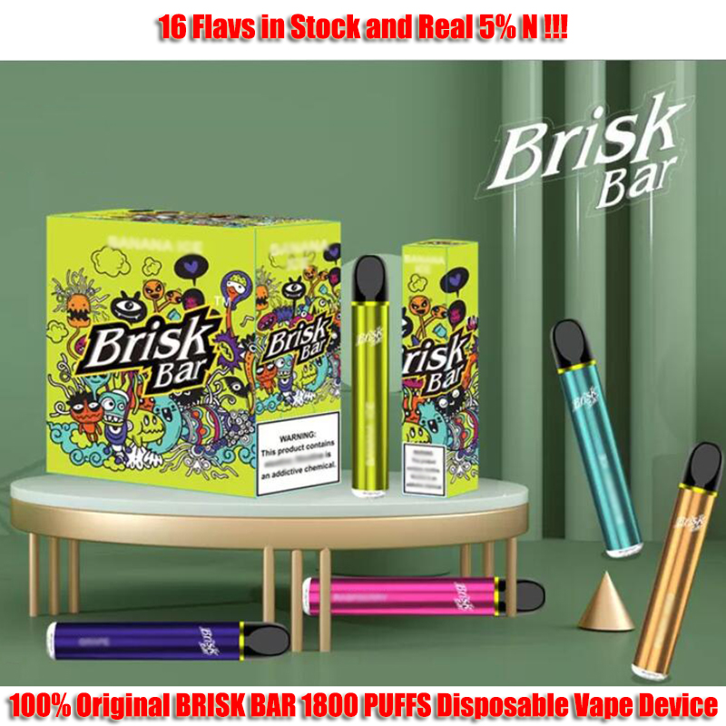 

100% Original BRISK BAR E Real 5% NlC Cigarette Disposable Vapes Device Pod Kit 1800 Puffs 7.0ml Cartridges Vape Empty Pen Cart Packaging