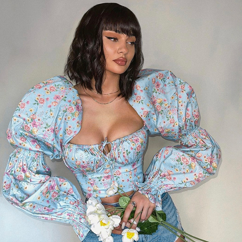 

Spring Summer Fashion Elegant French Romantic Shirts Floral Puff Sleeve Square Collar Women' Blouses New White Chiffon Shirt, Blue