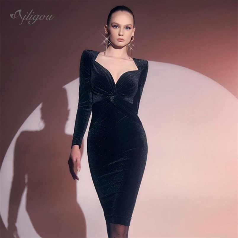 

Summer Fashion Velvet Women'S Tight-Fitting Dress Sexy Long-Sleeved V-Neck Name Mid-Length Runway Club Party 210525, Black