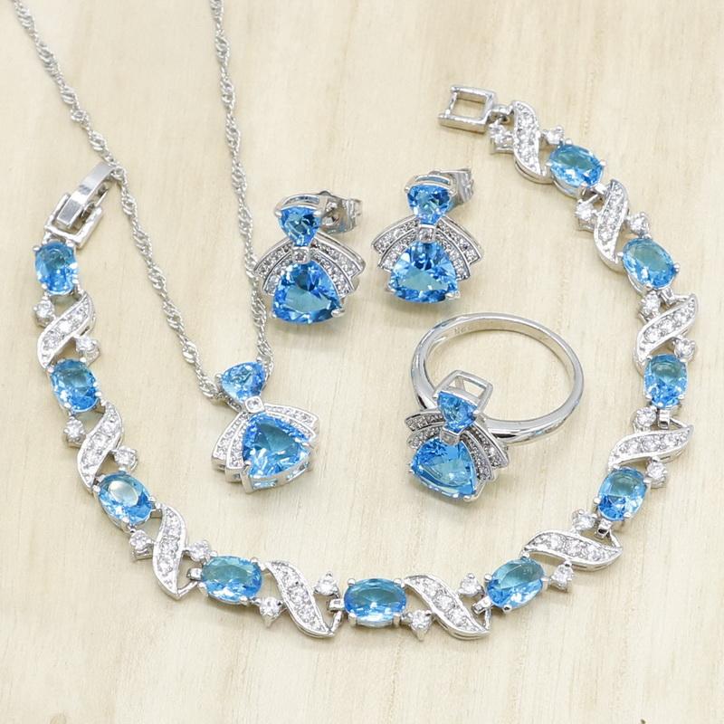 

Wedding Jewelry Sets 925 Silver For Women Bracelet Necklace Pendant Stud Earrings Ring Sky Blue Crystal Birthday, Slivery;golden