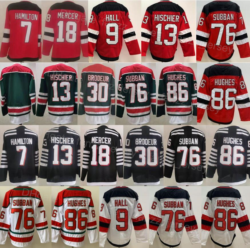 

Mens Hockey 13 Nico Hischier Jerseys 7 Dougie Hamilton 30 Martin Brodeur 76 PK Subban 86 Jack Hughes 9 Taylor Hall Dawson Mercer Reverse Retro Green Red Alternate Black