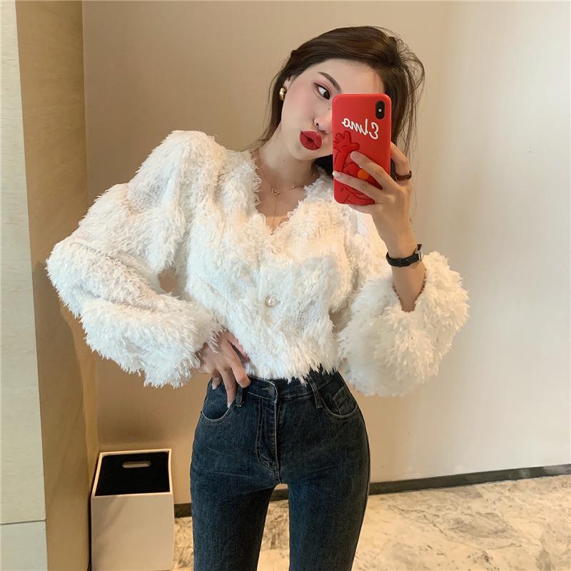 

Women's Knits & Tees Fashion Temperament Korea Chic Autumn V Neck White Cardigan Coat Loose Pink Puff Long Sleeve Fringed Sweater Sueters De