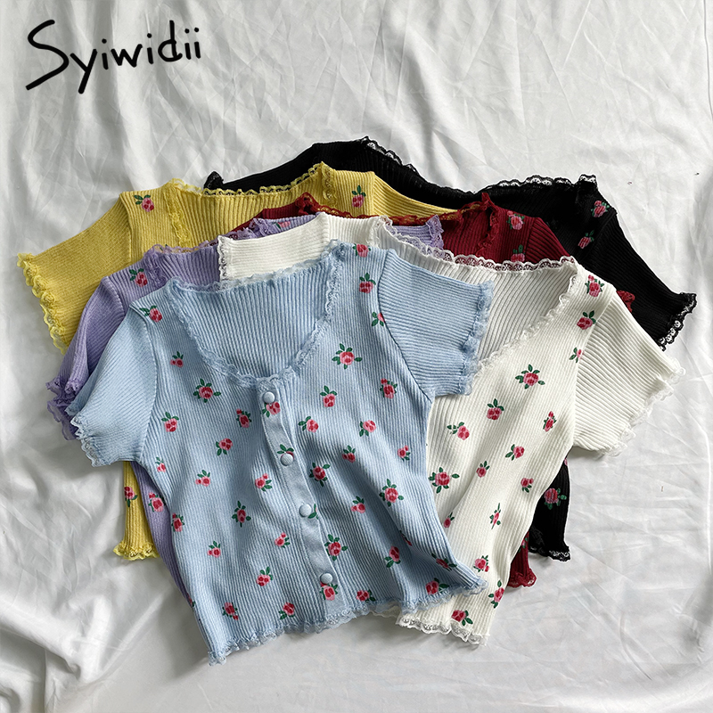 

syiwidii y2k knitted cardigan crop sweater woman lace flower print 2021 summer new cropped tanks colorful tee white red blue, Black