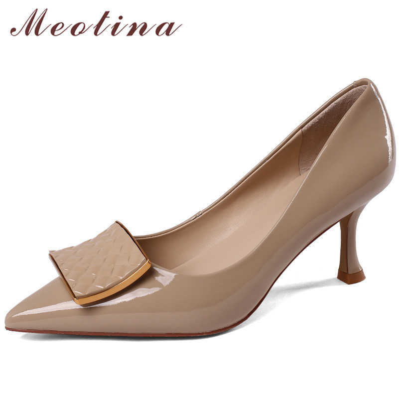 

Meotina Real Leather Women Shoes High Heels Metal Decoration Thin Heel Pumps Pointed Toe Office Ladies Footwear Apricot Size 40 210608