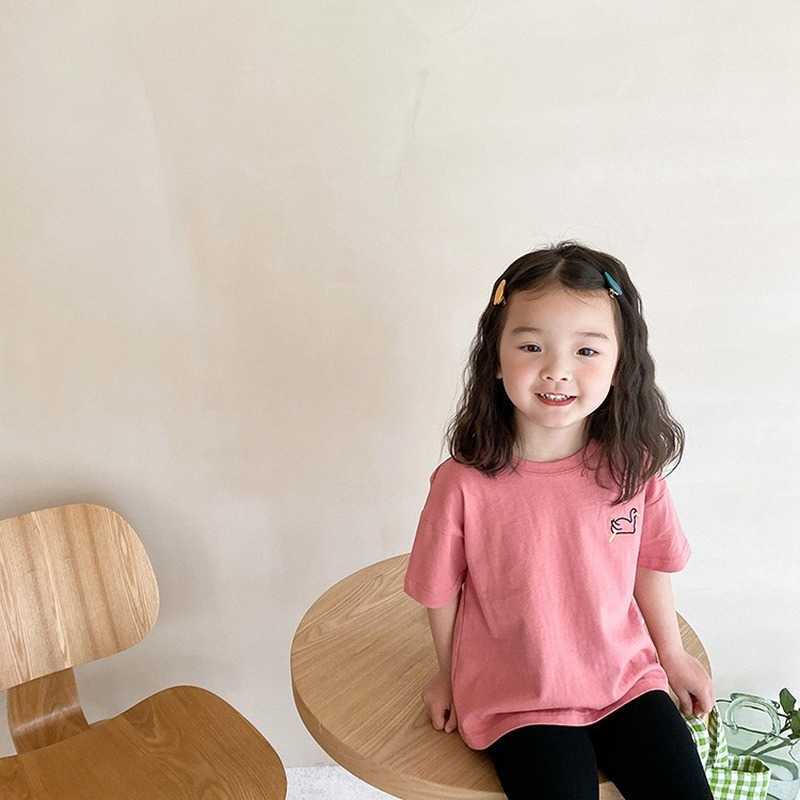 

Children cute duck embroidery short sleeve T shirts boys girls cotton loose casual Tops 210615, Green