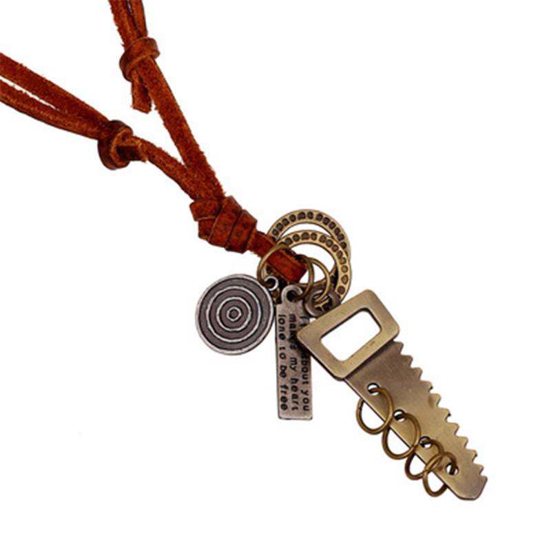 

Pendant Necklaces Vintage Men Metal Saw Necklace Rock Sawing Wood Charms Long Adjustable Leather Chain Collier Punk Fashion Jewelry