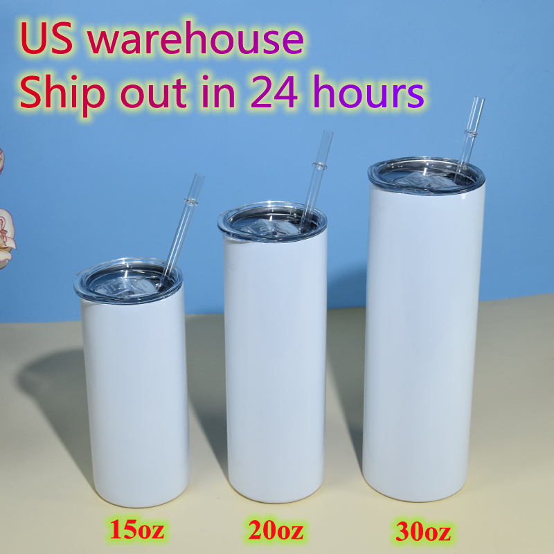 

US warehouse 15oz 20oz 30oz Skinny straight Sublimation Tumblers Clear Straws Stainless Steel blank white Double wall Vacuum Insulated Travel cups Local Delivery, White sublimation