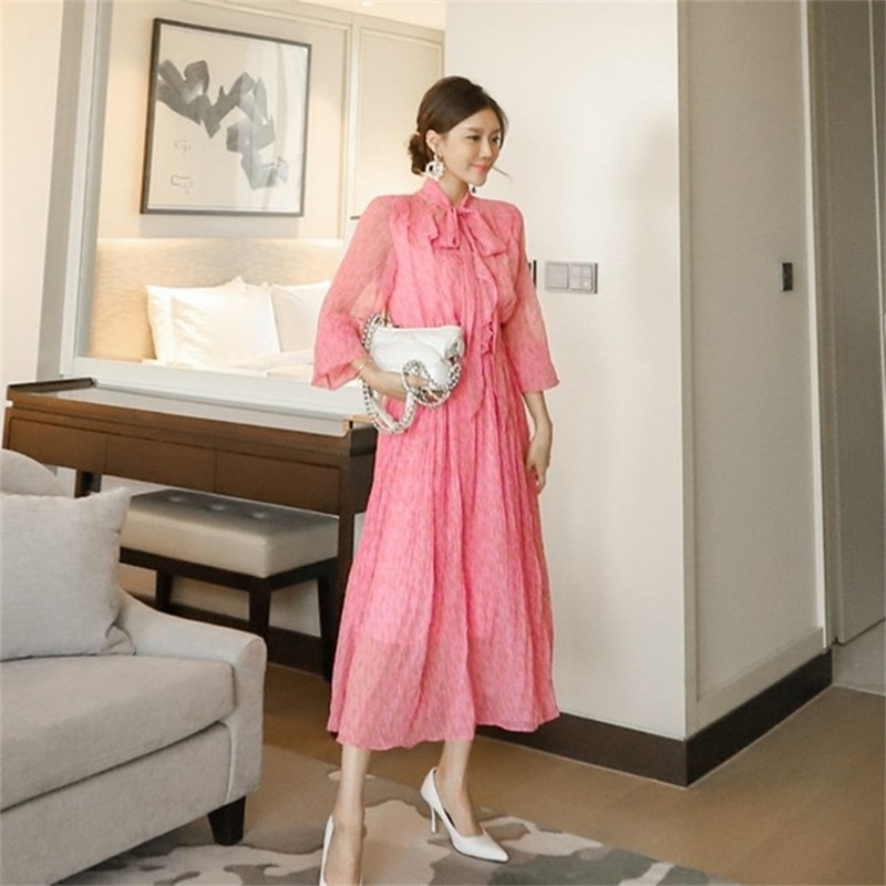 

Elegant Floral Print Dress Women Bow Tie Bandage Pleated Lantern Sleeve Vintage Midi Spring Summer Ropa Mujer 210603, Picture color