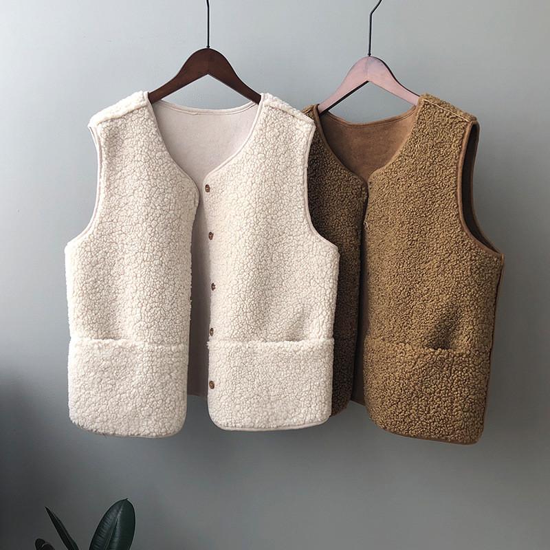 

Women's Vests MyZyQg Lamb Hair Vest Winter Women Sleeveless Waistcoat Coat Jacket Korean Round Neck Casual Streetwear Clothes, Beige