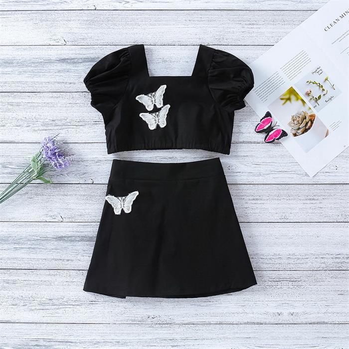

Clothing Sets Summer Kids Girl 2-pcs Black Butterfly Short Square Collar Shirts + Skirt Cute Style Toddler Girls Outfits E215 5OV4, 2-pcs sets
