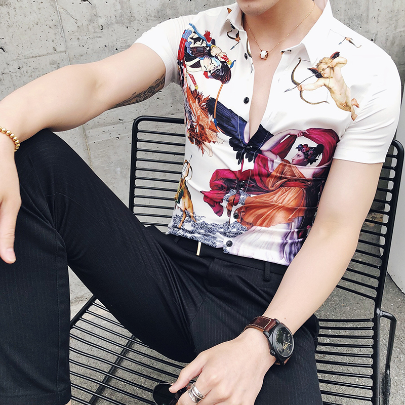 

2022 summer mens printed retro square neck shortsleeved shirt korean style slim personality trend top, White