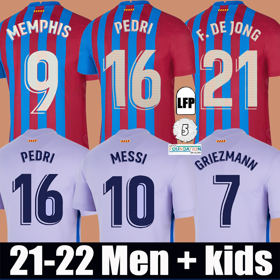 

21 22 Barcelona soccer jersey MESSI PEDRI MEMPHIS KUN AGUERO BARCA camiseta de futbol 2021 2022 GRIEZMANN F.DE JONG Emerson Eric Maillots football shirt men + kids kit, 21-22 home+patch