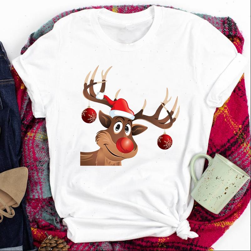 

Deer Cute Womens Tops 90s Style Tees for Women Lady Merry Christmas Cartoon Winter Print Tshirt Clothes Top Graphic Female, White
